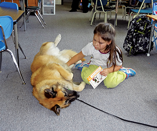 Therapy dog Ally with a young student