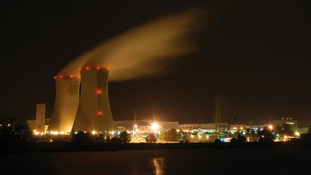 Nuclear power plant at night