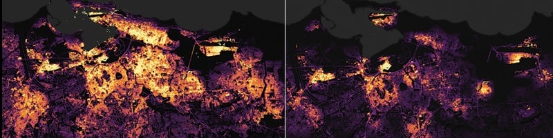 Before (left) and after images of Puerto Rico’s nighttime lights based on data captured by NASA’s Suomi NPP satellite. credit: NASA