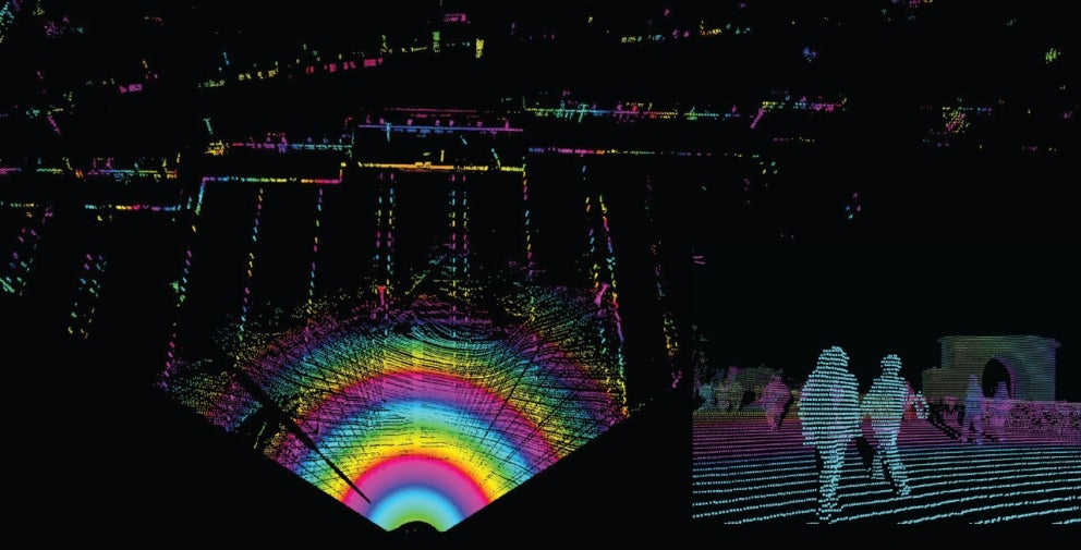 Lidar of a stadium and people walking