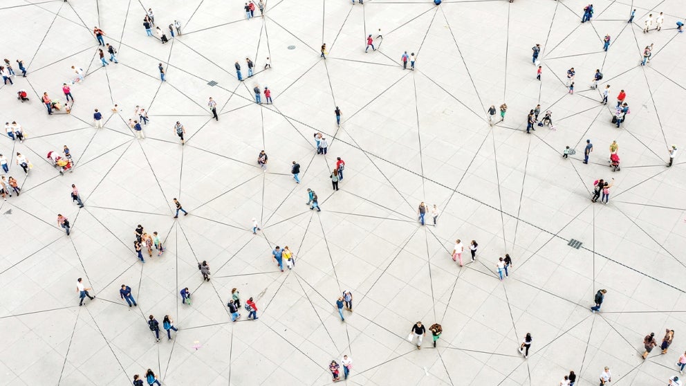 Groups of people spread out and connected by drawn lines