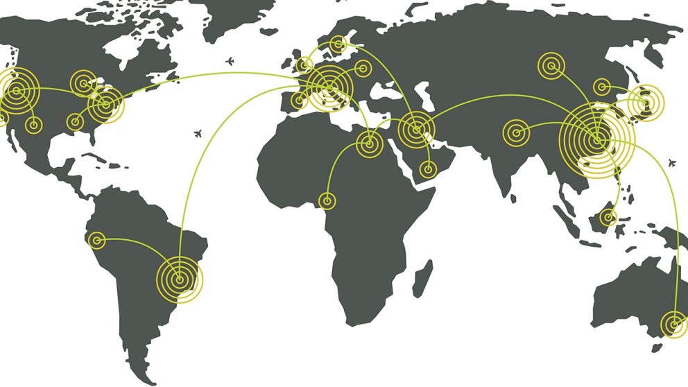 World map with lines connecting countries to one another