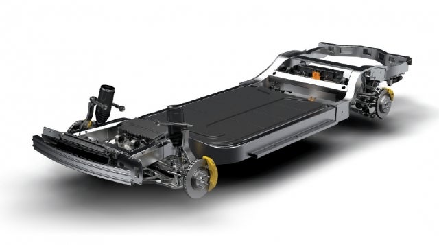 Rivian uses a skateboard platform — a flat frame that contains the batteries, suspension, motors, and braking.